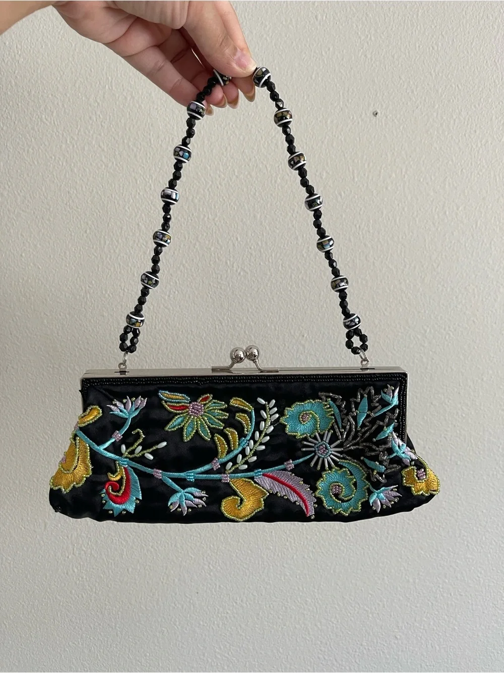 Chateau Black Satin Floral Embroidered Beaded-Handle Clutch